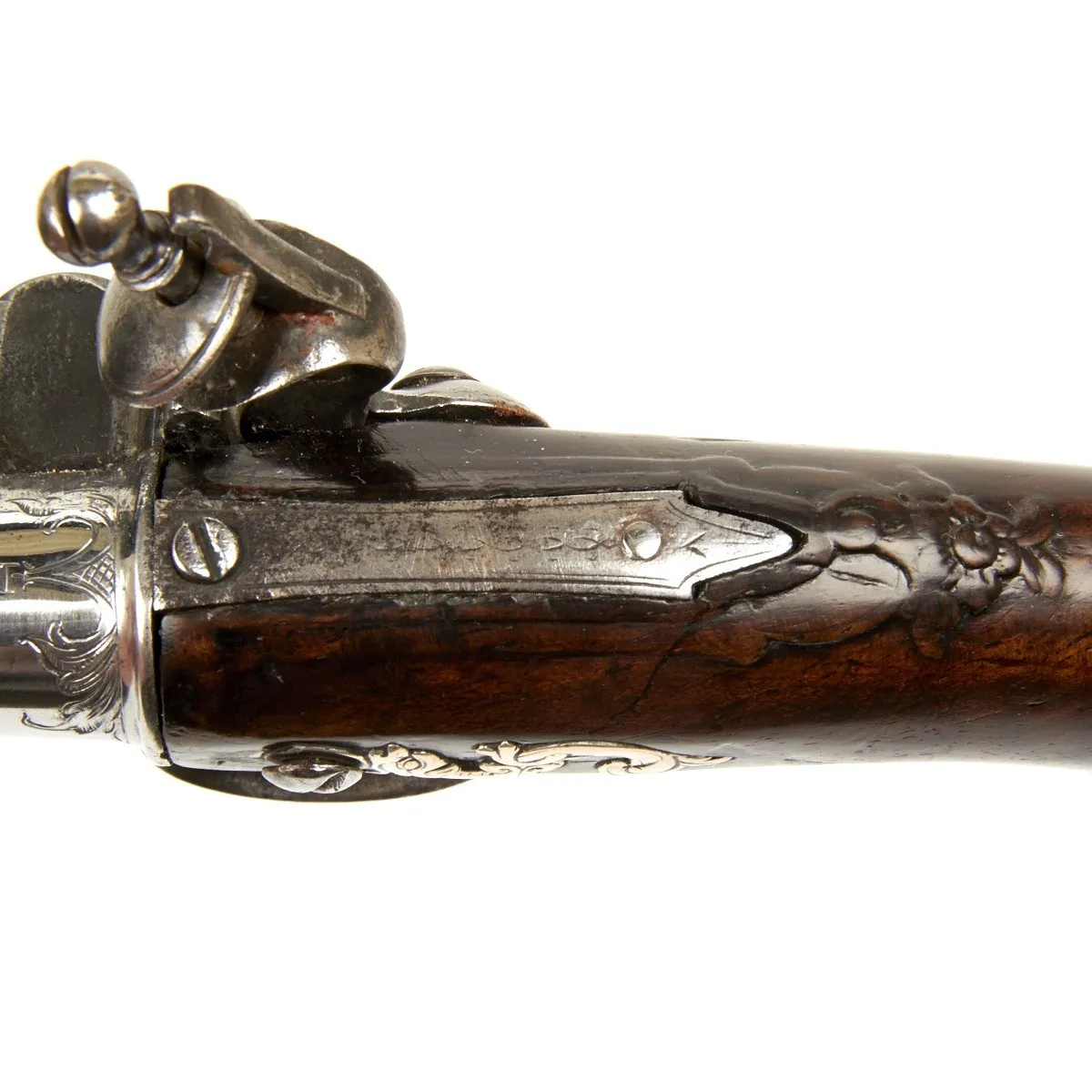 Original British Silver Mounted Queen Anne Flintlock Pistol by James Freeman