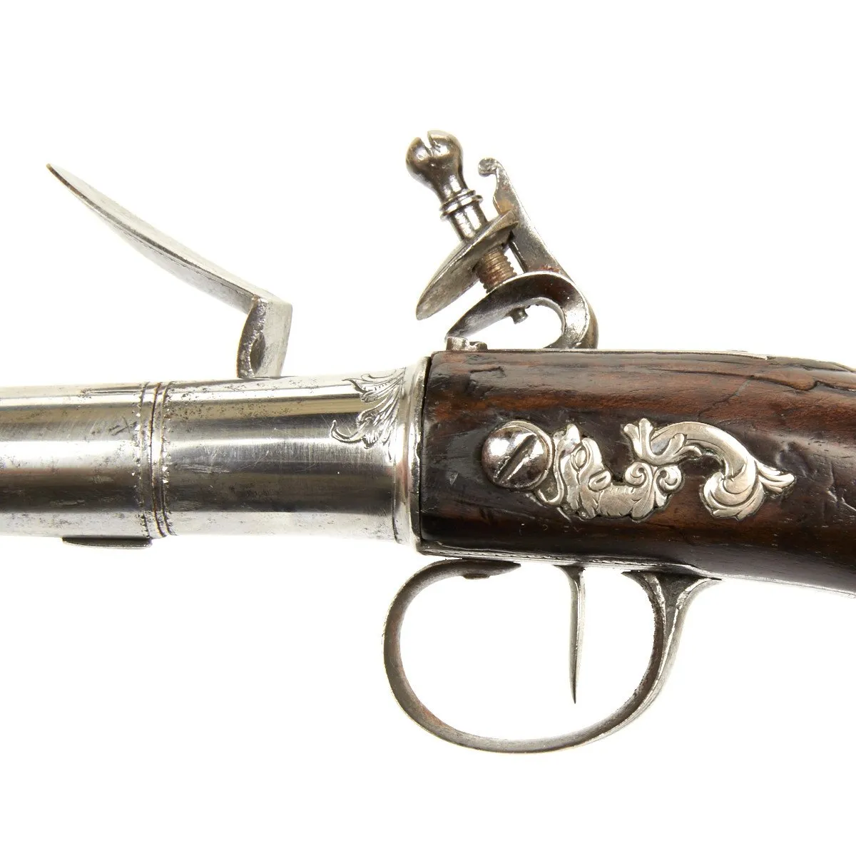 Original British Silver Mounted Queen Anne Flintlock Pistol by James Freeman