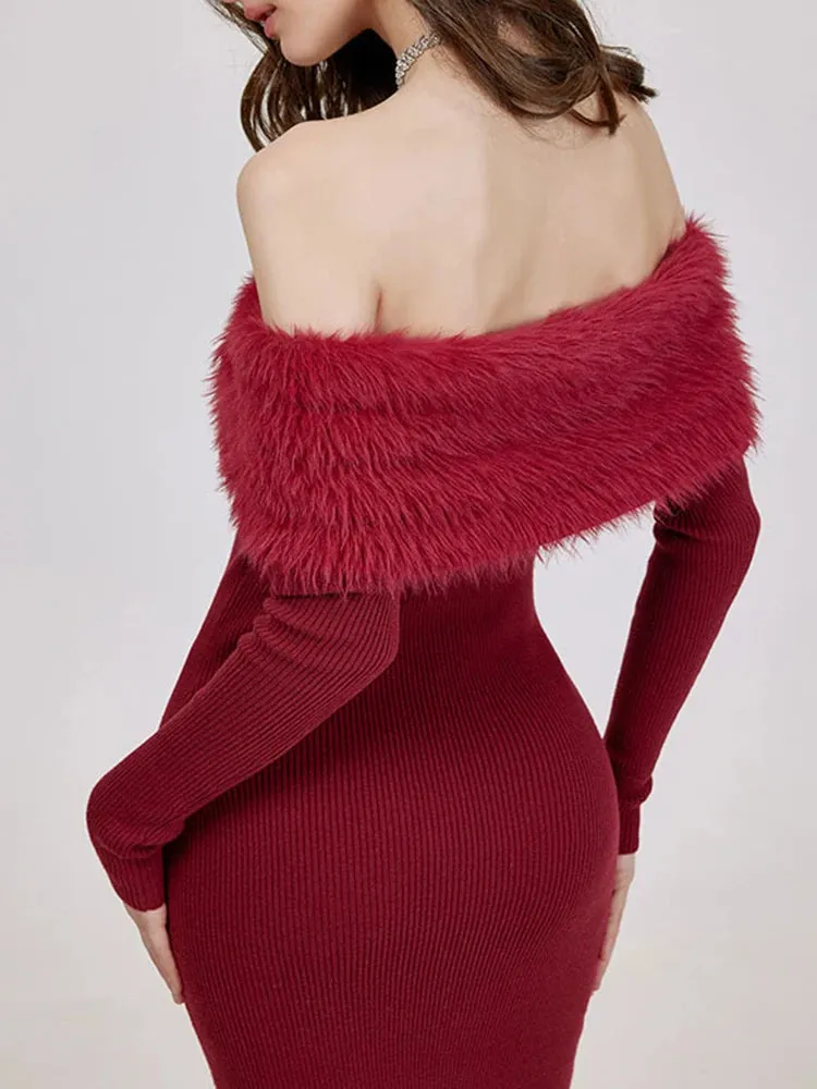 Patchwork Fur Collar Slash Neck Diamond Dress