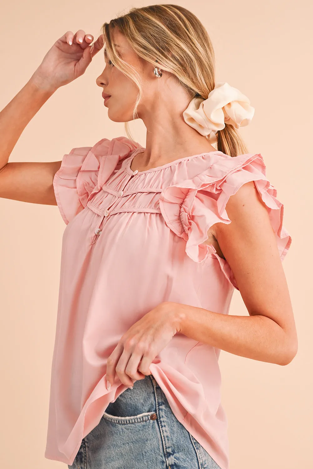 Peach Blossom Button Neck Smocked Layered Ruffle Blouse