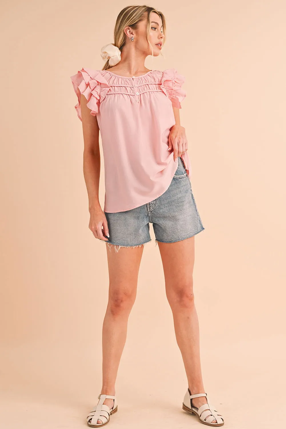 Peach Blossom Button Neck Smocked Layered Ruffle Blouse