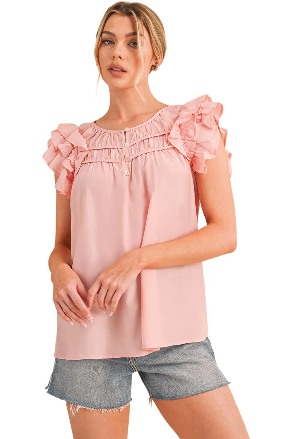 Peach Blossom Button Neck Smocked Layered Ruffle Blouse