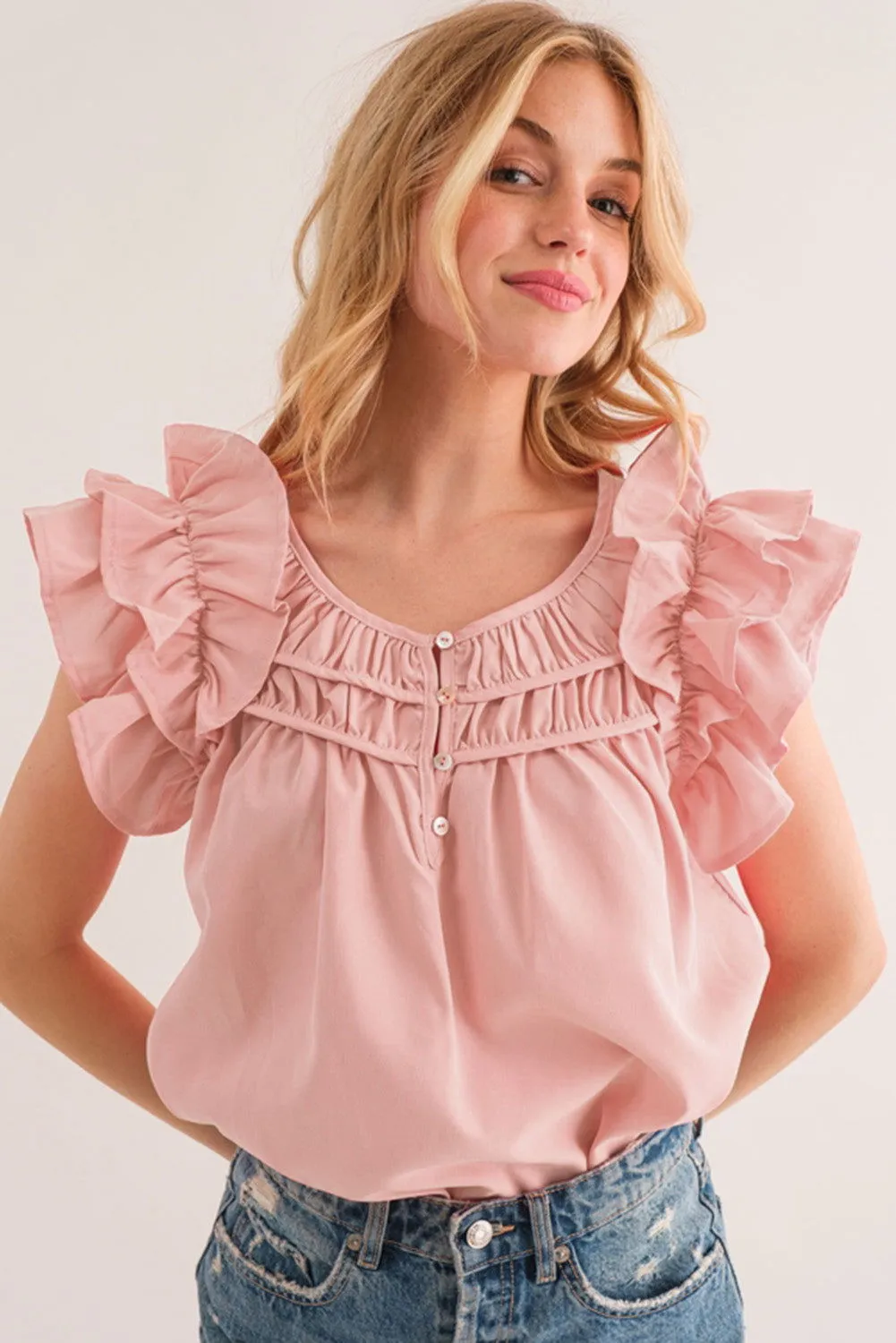 Peach Blossom Button Neck Smocked Layered Ruffle Blouse