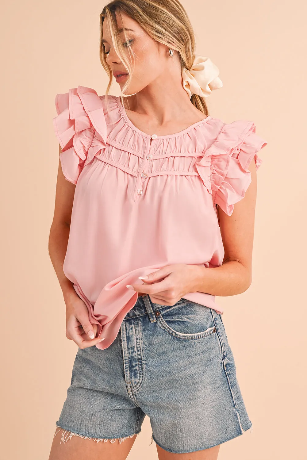 Peach Blossom Button Neck Smocked Layered Ruffle Blouse