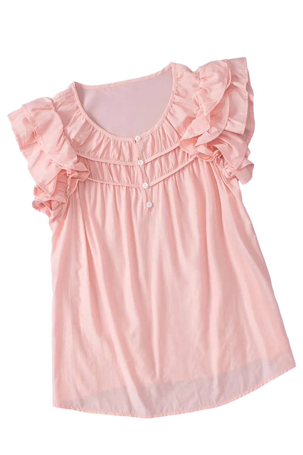 Peach Blossom Button Neck Smocked Layered Ruffle Blouse