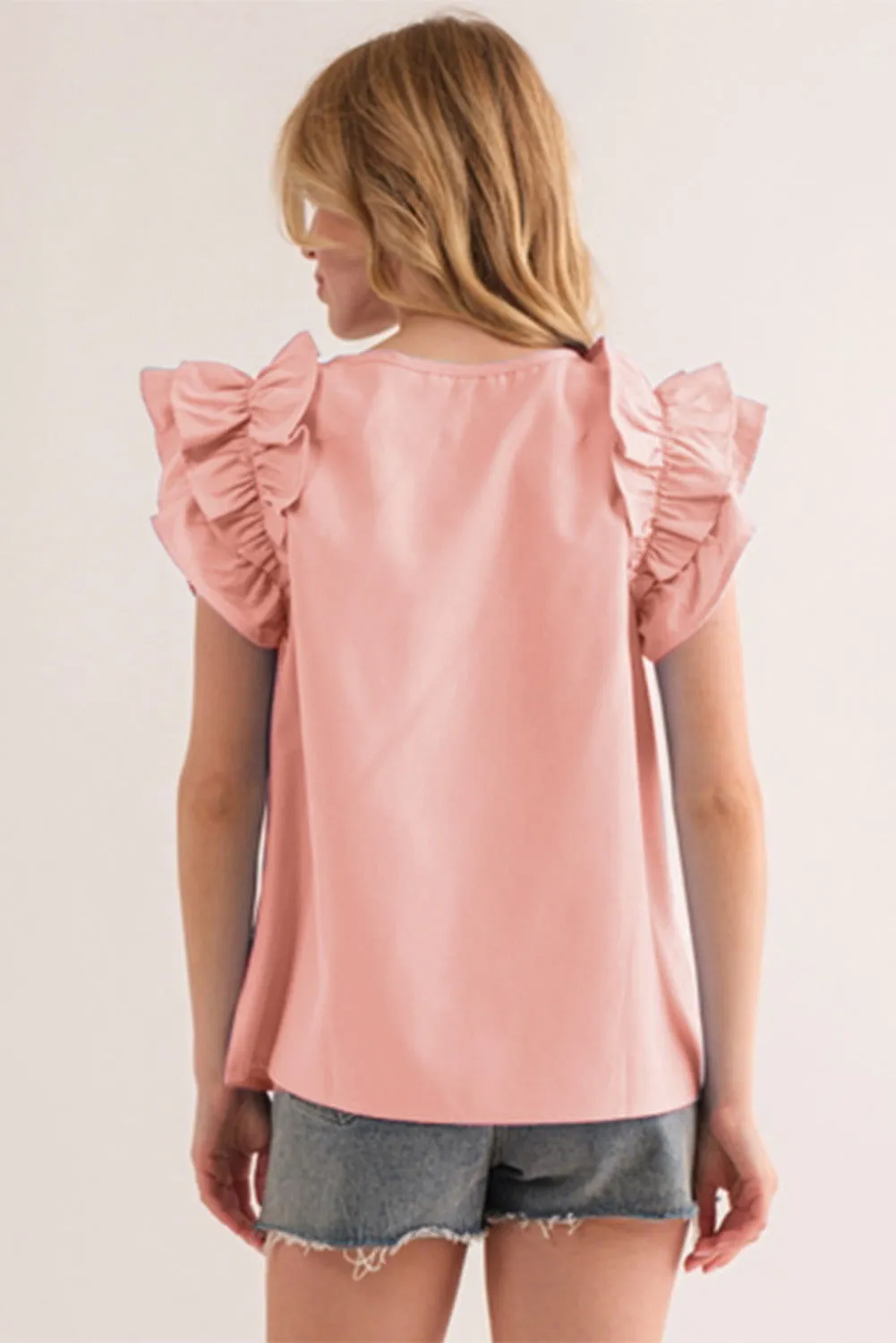 Peach Blossom Button Neck Smocked Layered Ruffle Blouse