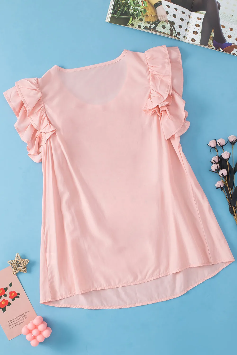 Peach Blossom Button Neck Smocked Layered Ruffle Blouse