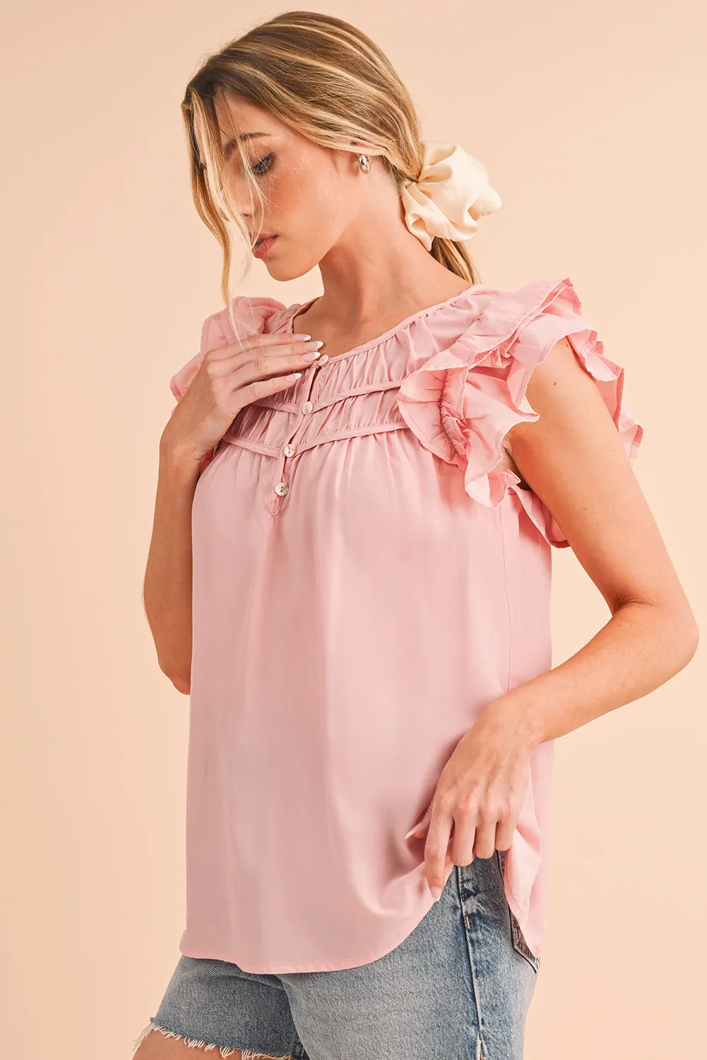 Peach Blossom Button Neck Smocked Layered Ruffle Blouse