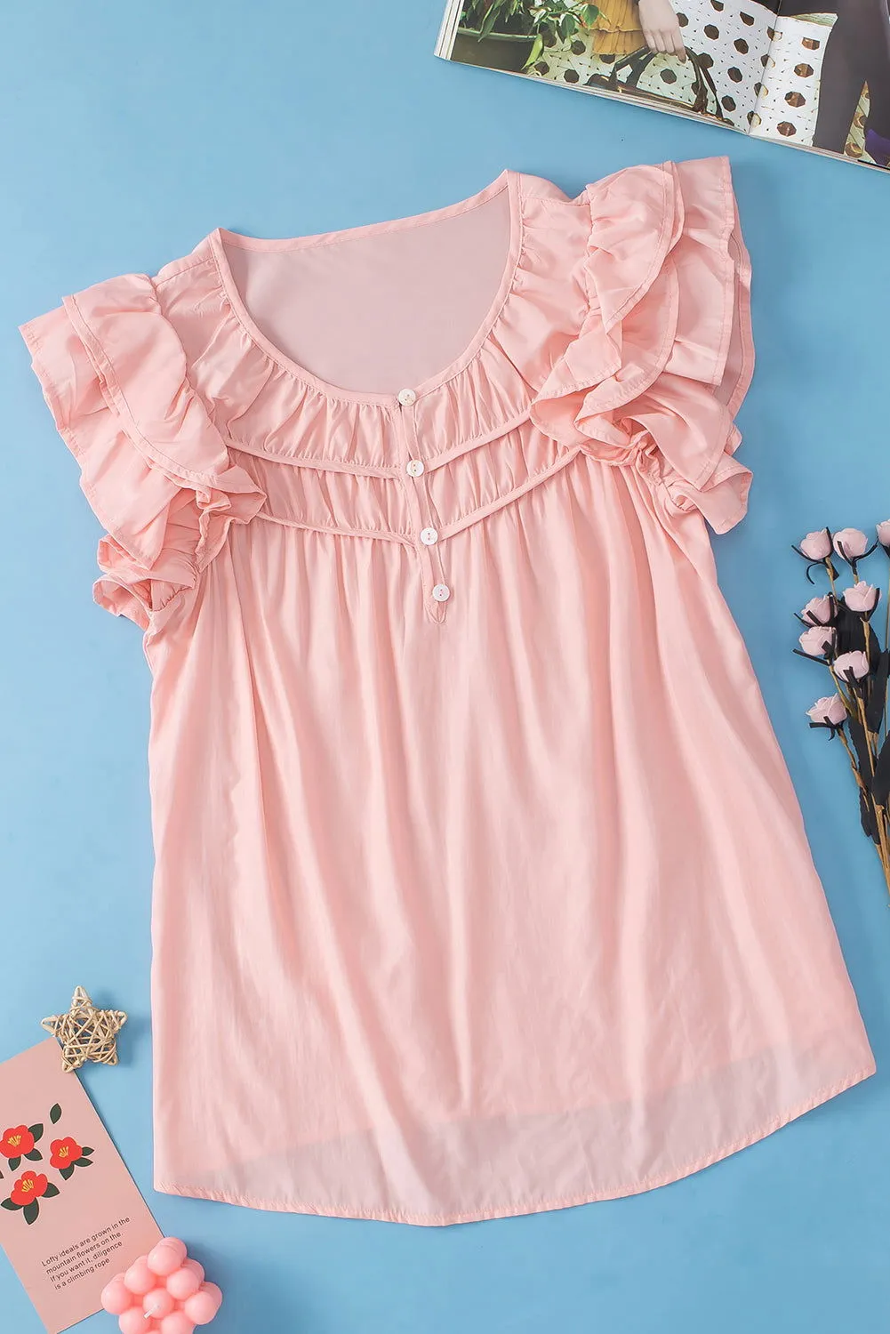 Peach Blossom Button Neck Smocked Layered Ruffle Blouse