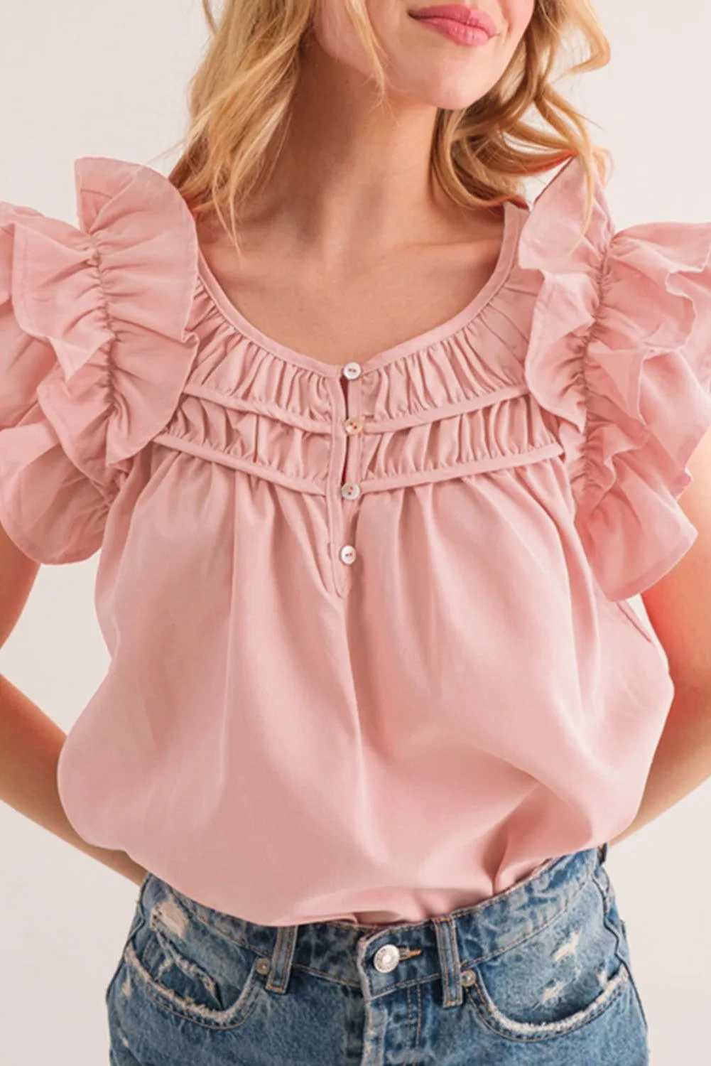 Peach Blossom Button Neck Smocked Layered Ruffle Blouse