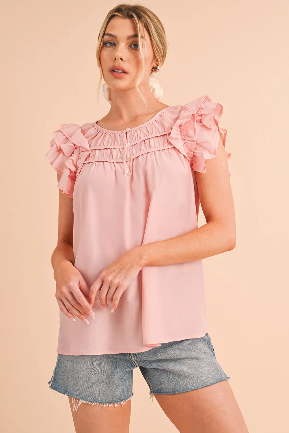 Peach Blossom Button Neck Smocked Layered Ruffle Blouse