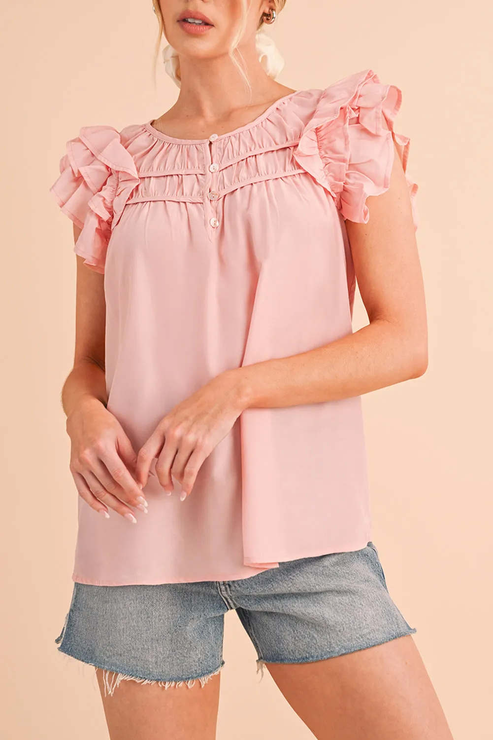 Peach Blossom Button Neck Smocked Layered Ruffle Blouse