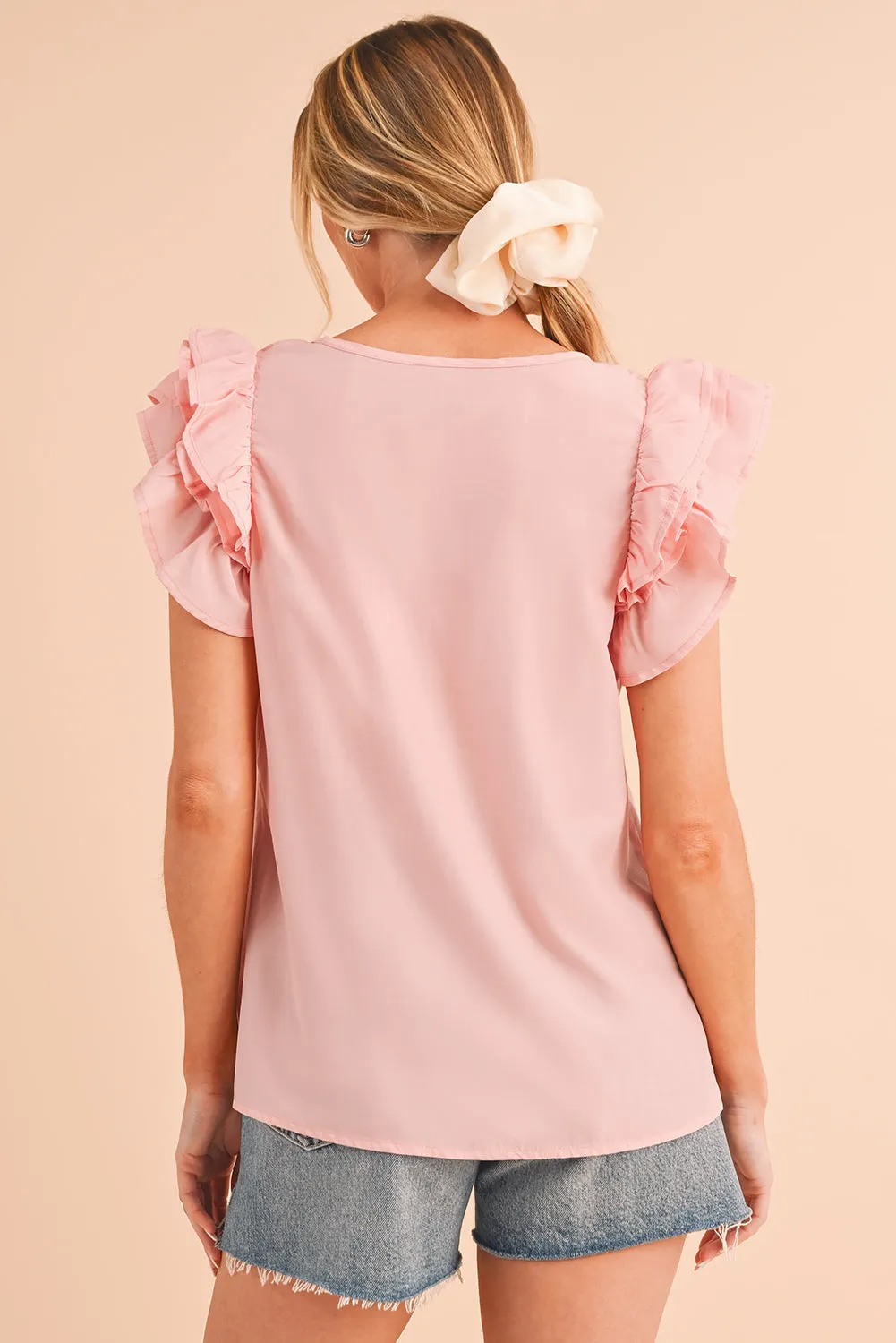 Peach Blossom Button Neck Smocked Layered Ruffle Blouse