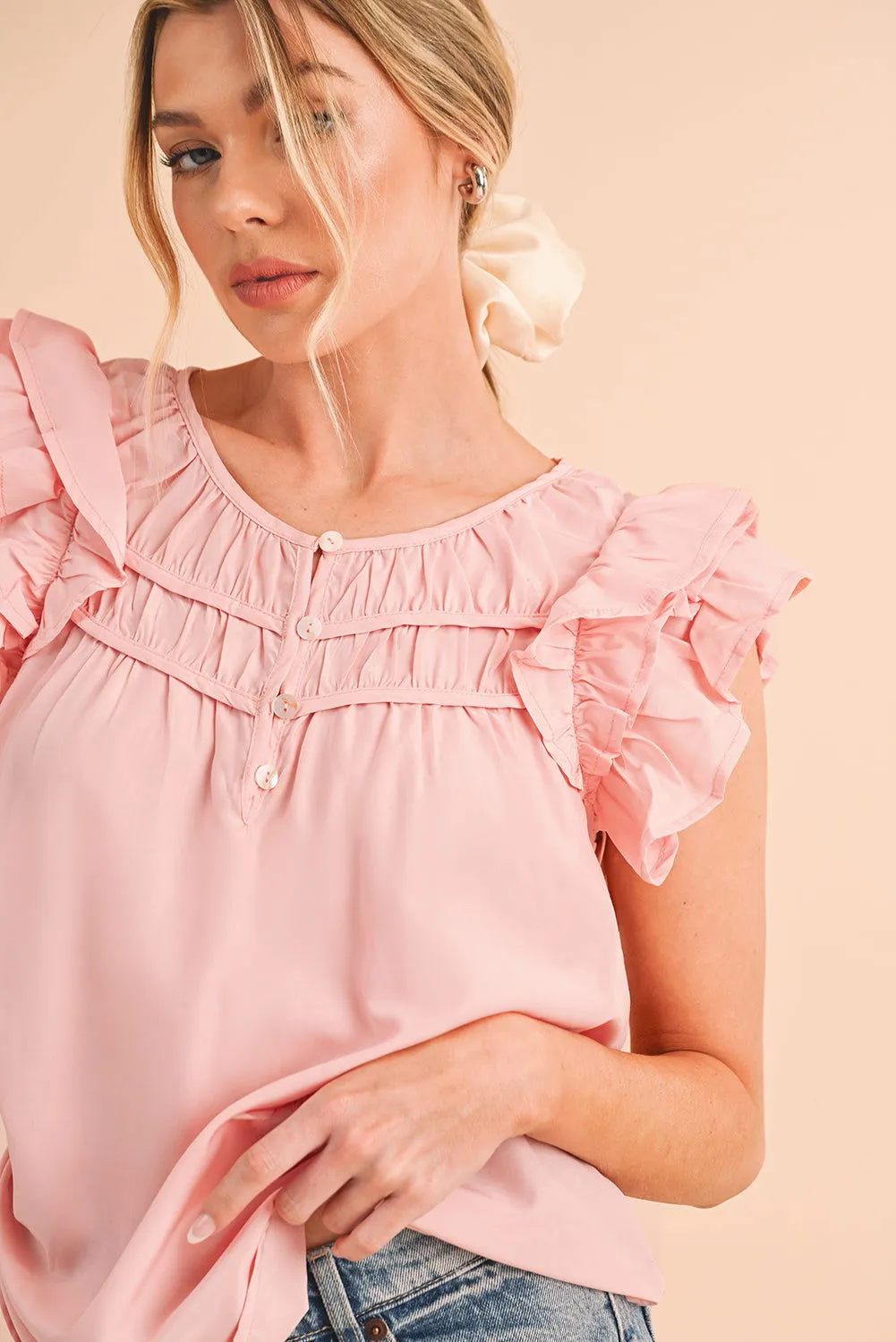 Peach Blossom Button Neck Smocked Layered Ruffle Blouse