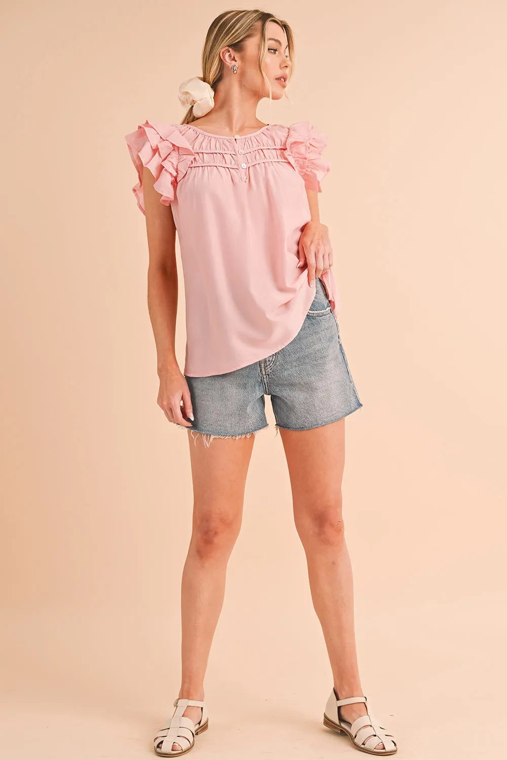 Peach Blossom Button Neck Smocked Layered Ruffle Blouse