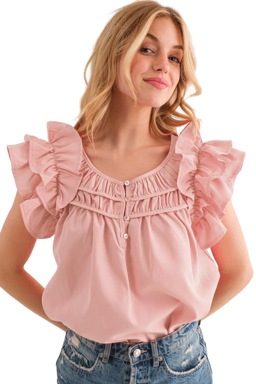 Peach Blossom Button Neck Smocked Layered Ruffle Blouse