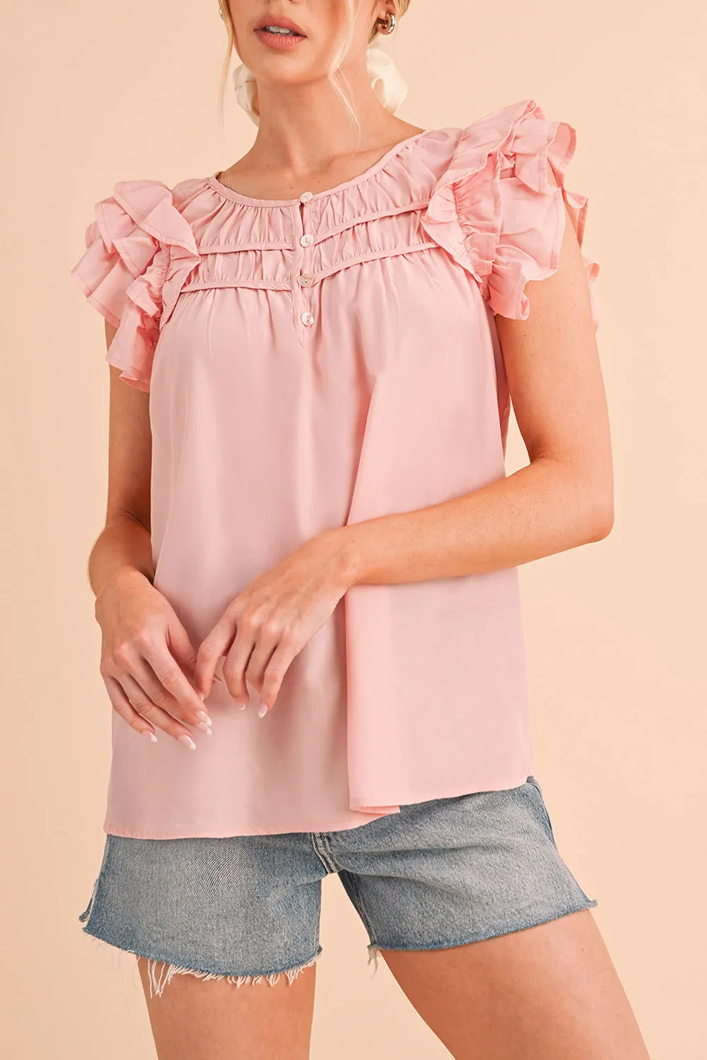 Peach Blossom Button Neck Smocked Layered Ruffle Blouse