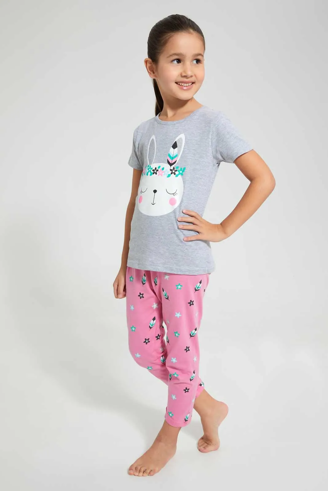 Pink And Grey Rabbit Pyjama Set (2 Piece)