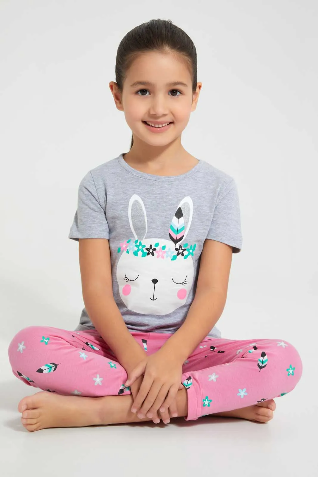 Pink And Grey Rabbit Pyjama Set (2 Piece)