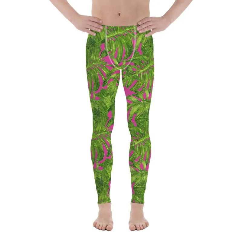 Pink Green Palm Men's Tights, Best Hot Pink Tropical Leaf Print Hawaiian Style Men's Leggings Meggings Tights- Made in USA