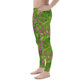 Pink Green Palm Men's Tights, Best Hot Pink Tropical Leaf Print Hawaiian Style Men's Leggings Meggings Tights- Made in USA