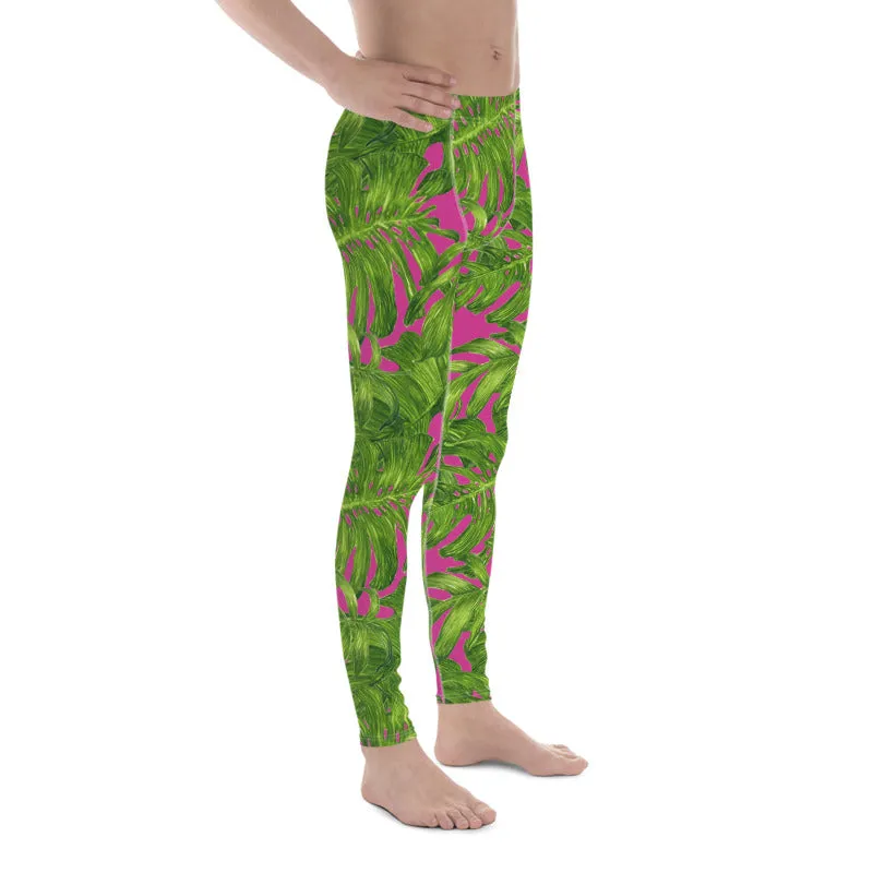 Pink Green Palm Men's Tights, Best Hot Pink Tropical Leaf Print Hawaiian Style Men's Leggings Meggings Tights- Made in USA