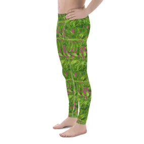 Pink Men's Palm Leaf Leggings, Best Hot Pink Green Tropical Palm Leaf Print Men's Leggings Meggings Tights - Made in USA