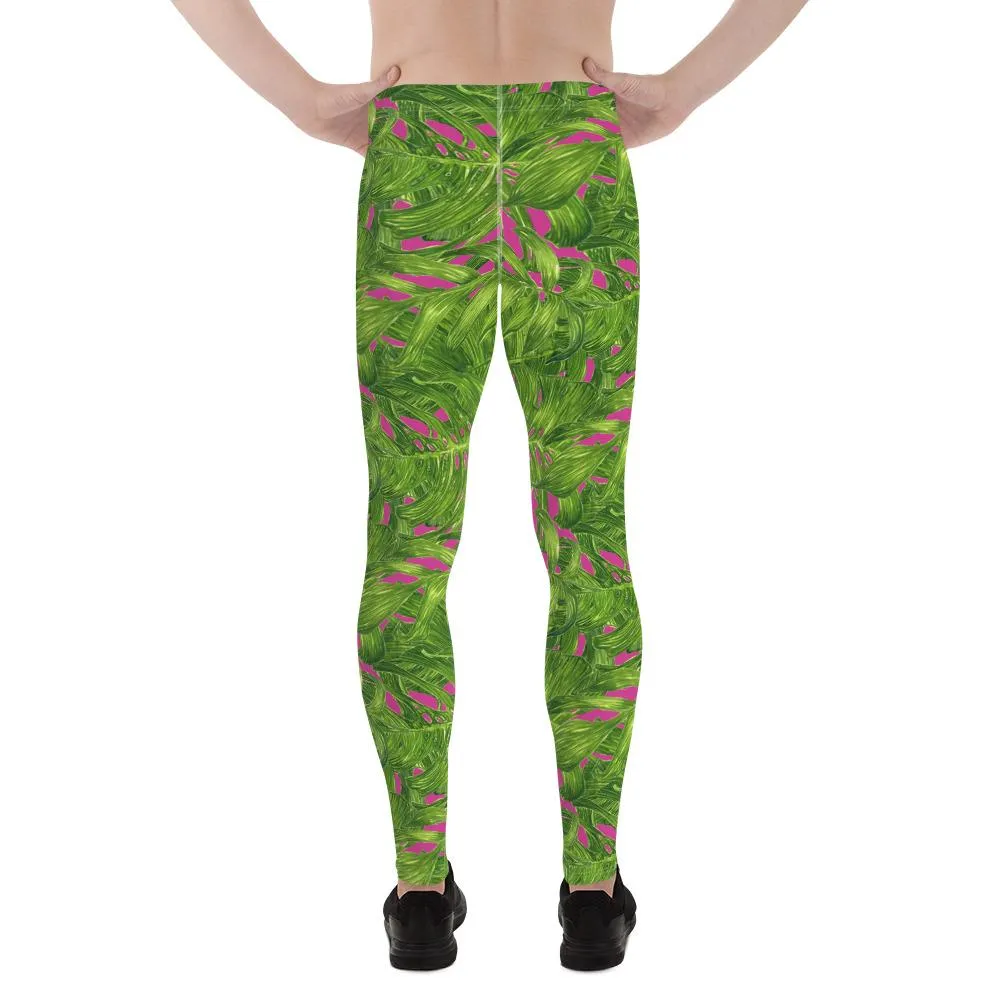 Pink Men's Palm Leaf Leggings, Best Hot Pink Green Tropical Palm Leaf Print Men's Leggings Meggings Tights - Made in USA