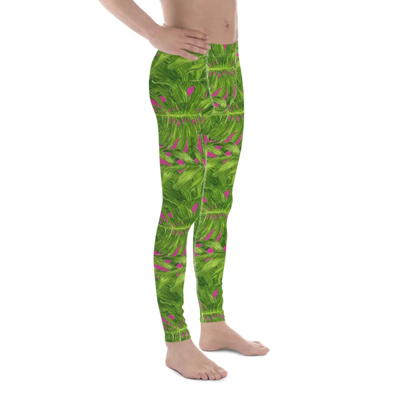 Pink Men's Palm Leaf Leggings, Best Hot Pink Green Tropical Palm Leaf Print Men's Leggings Meggings Tights - Made in USA