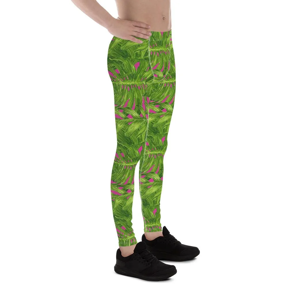 Pink Men's Palm Leaf Leggings, Best Hot Pink Green Tropical Palm Leaf Print Men's Leggings Meggings Tights - Made in USA