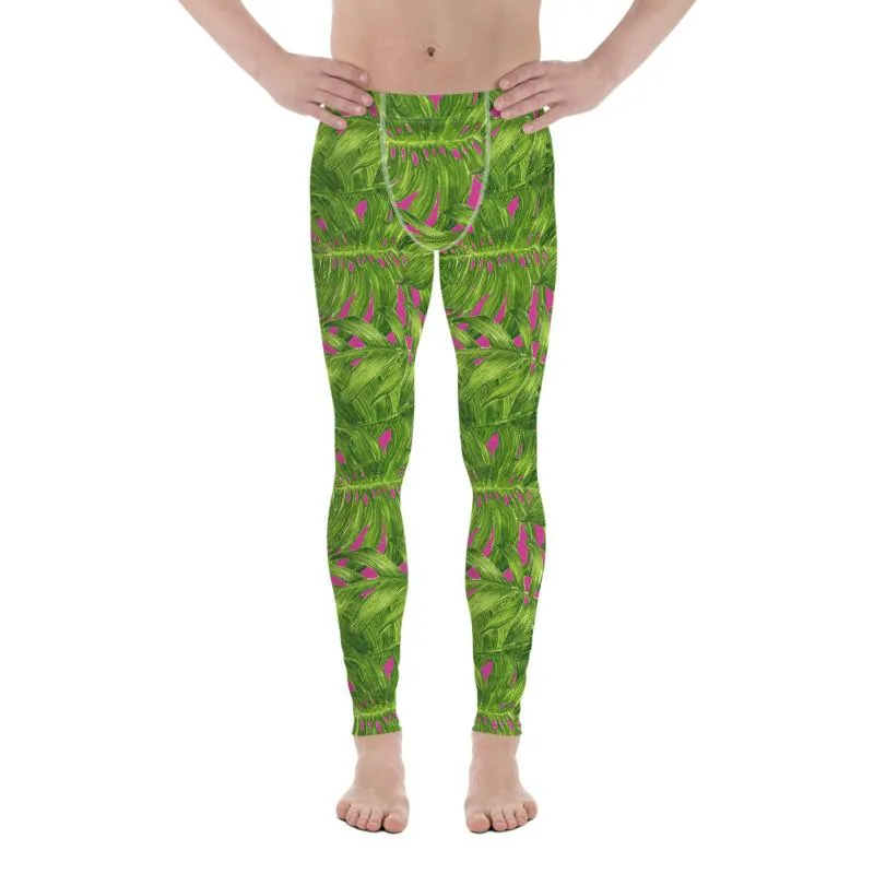 Pink Men's Palm Leaf Leggings, Best Hot Pink Green Tropical Palm Leaf Print Men's Leggings Meggings Tights - Made in USA