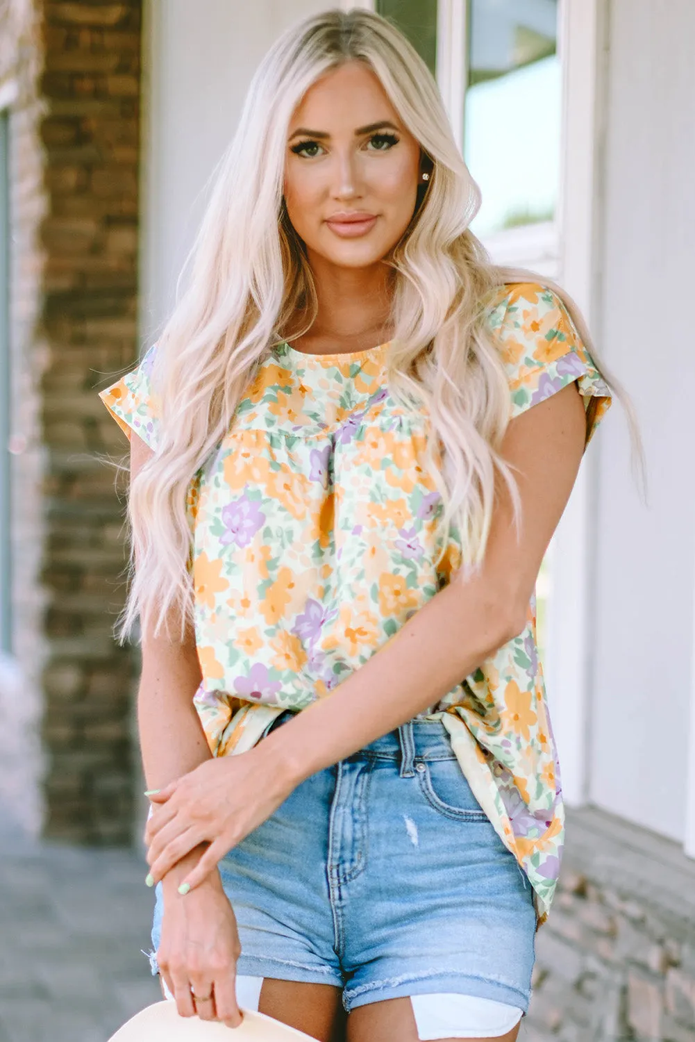 Printed Round Neck Cap Sleeve Blouse