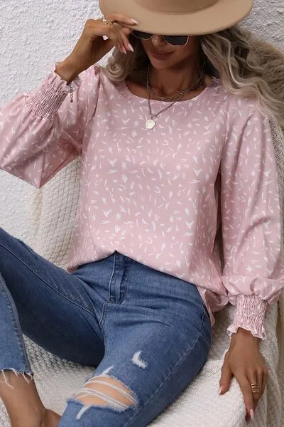 Printed Round Neck Lantern Sleeve Blouse