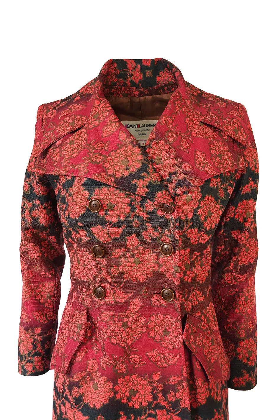 Rare c.1969 Yves Saint Laurent Floral Cotton Canvas Brocade Spy Coat