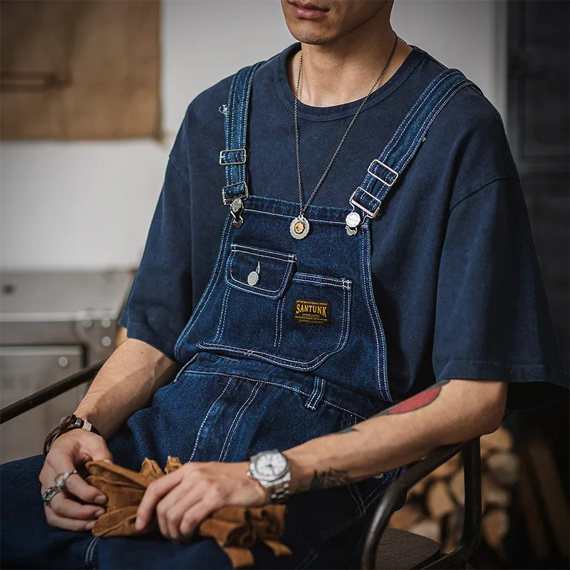 Retro Denim Casual Overall Naval Dungaree In Blue