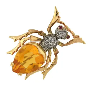 Retro Large 14kt Citrine Diamond & Ruby Bug Pin