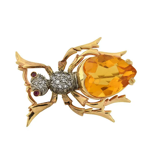 Retro Large 14kt Citrine Diamond & Ruby Bug Pin