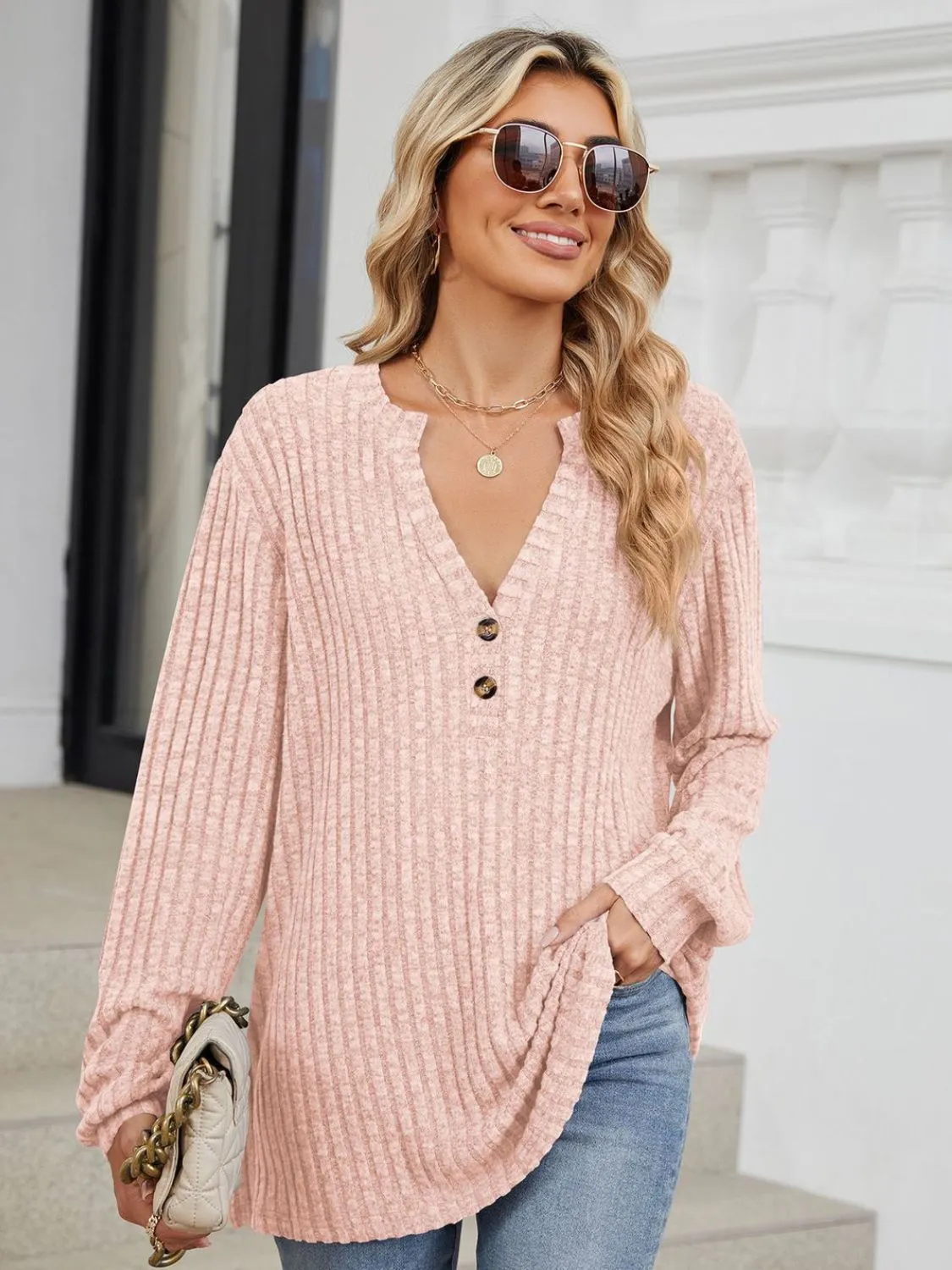 Ribbed Notched Long Sleeve T-Shirt