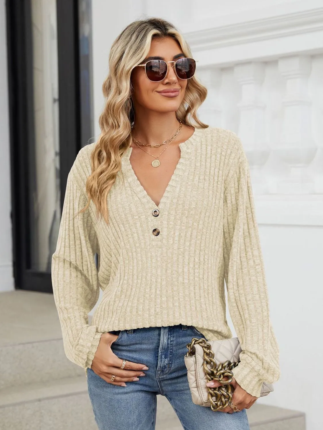 Ribbed Notched Long Sleeve T-Shirt