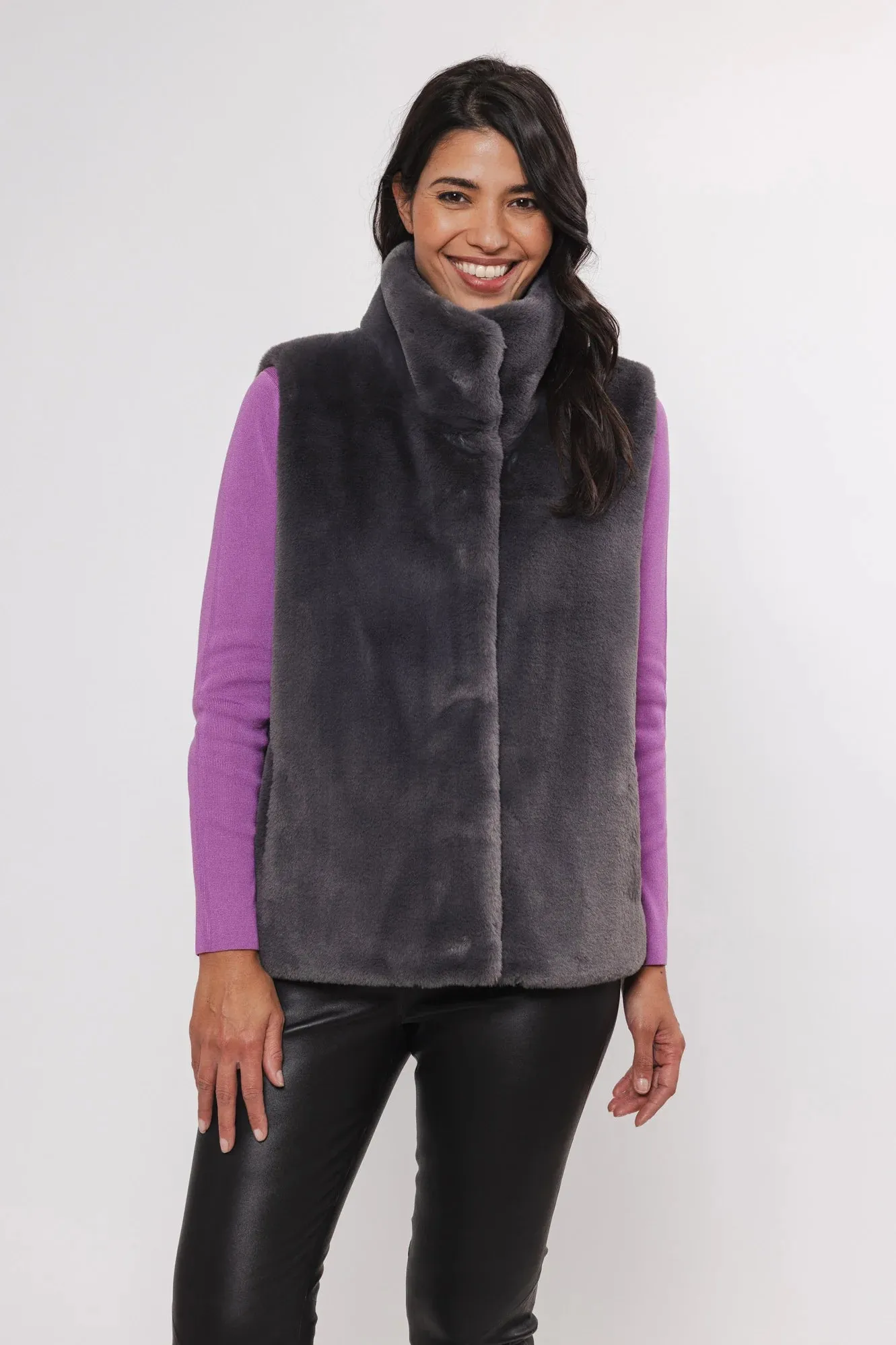 RINO & PELLE LISON SHORT FAUX FUR WAISTCOAT GRAPHITE