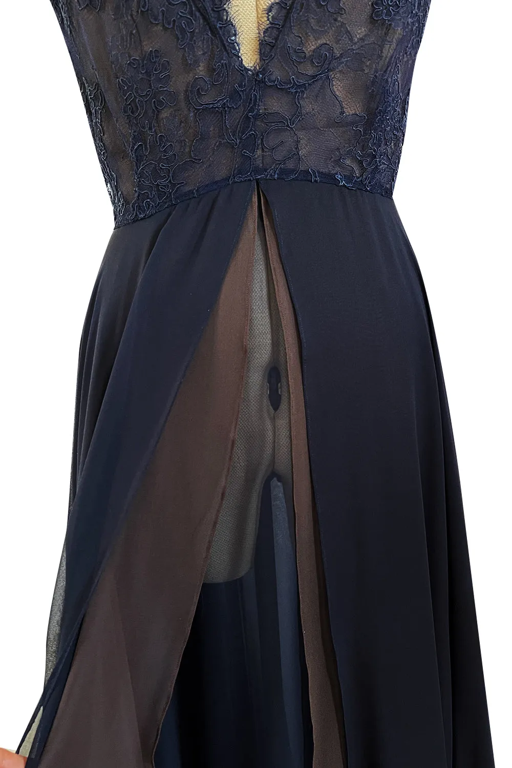 Romantic Early 2000s John Anthony Couture Blue Lace & Multi Layer Silk Chiffon Dress