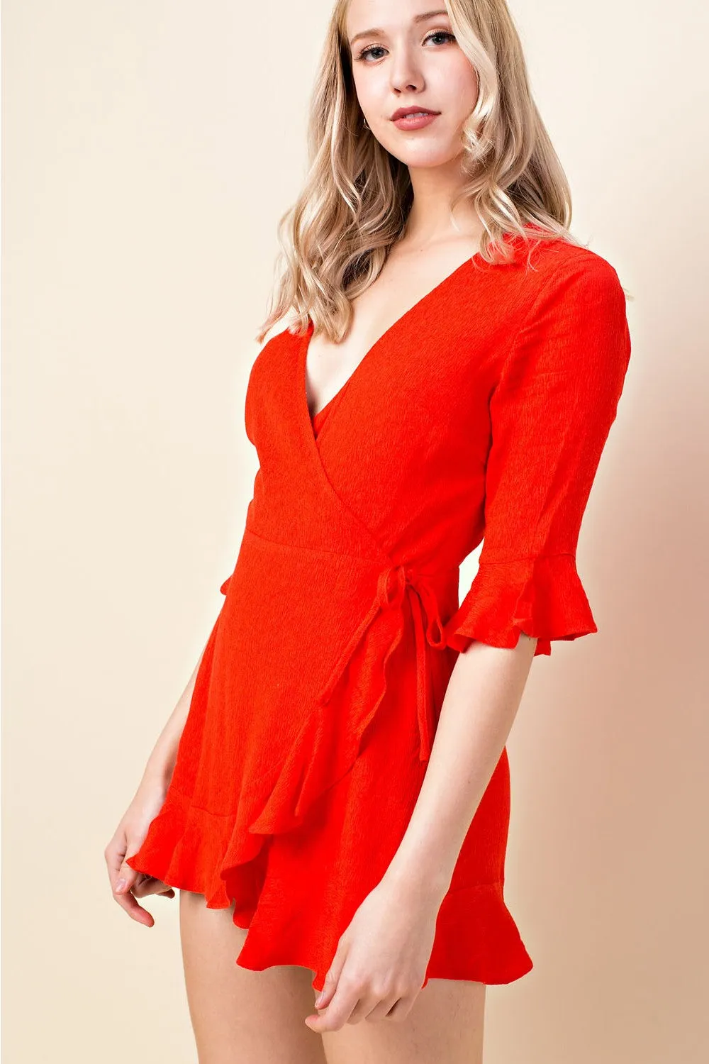 Ruffle Wrap Romper, Red