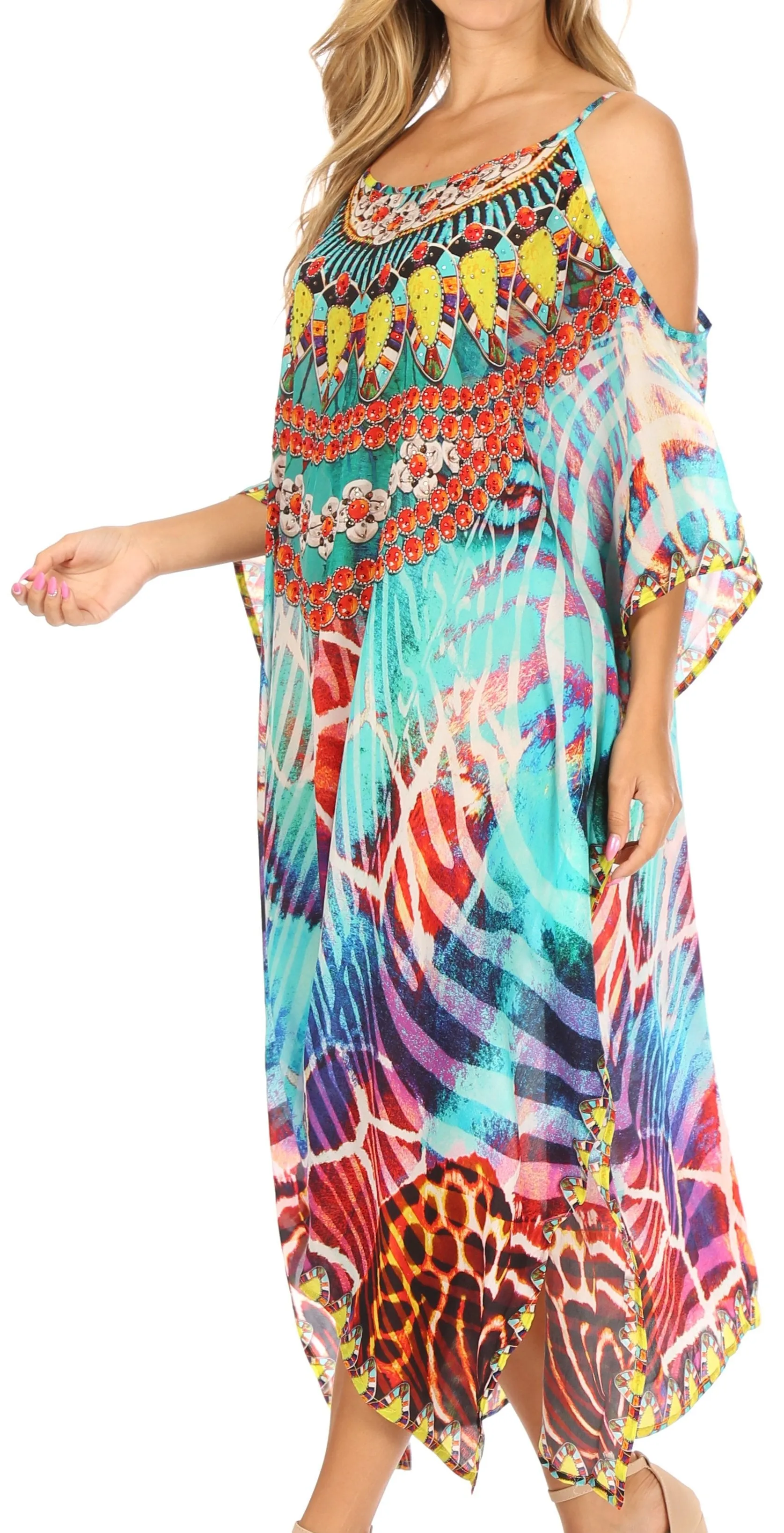 Sakkas Amaya Loose Fit Long Printed Strappy Cutout Shoulder Boat Neck Kaftan Dress