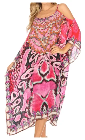 Sakkas Amaya Loose Fit Long Printed Strappy Cutout Shoulder Boat Neck Kaftan Dress