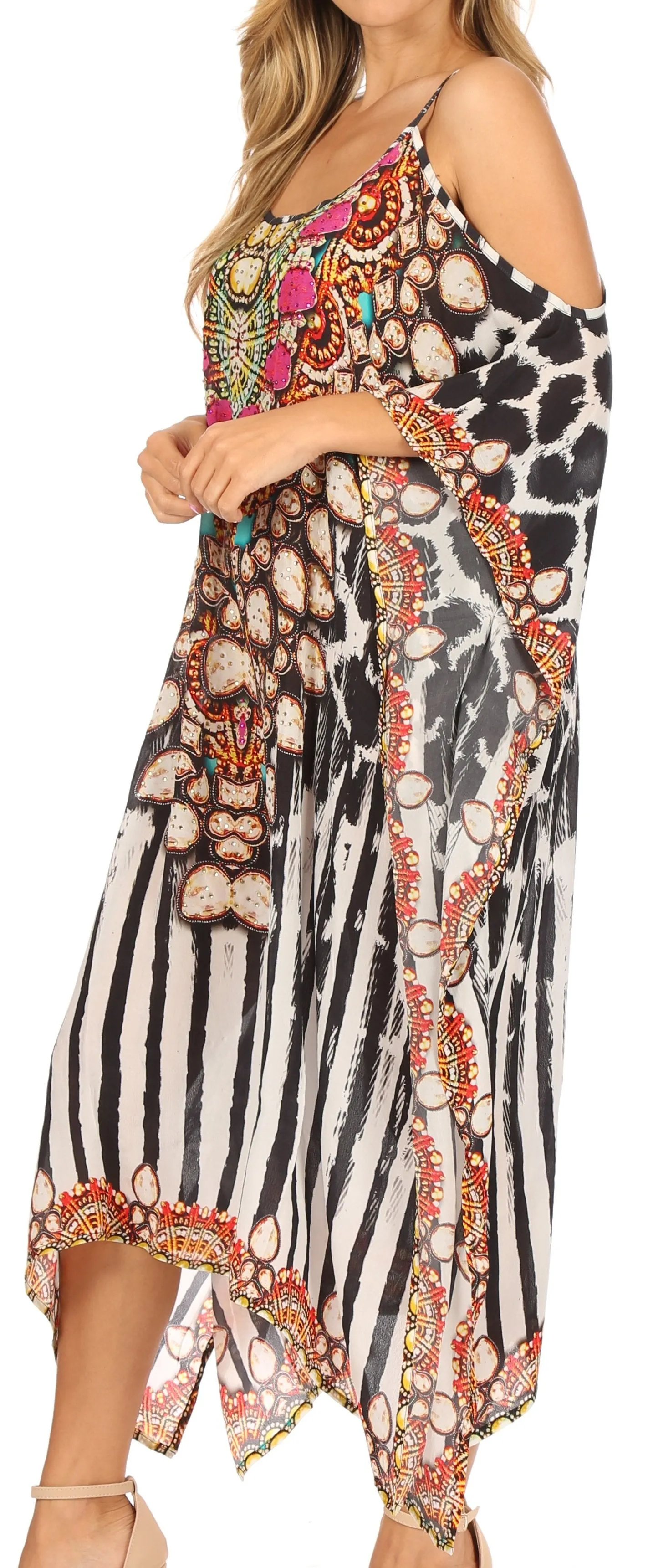 Sakkas Amaya Loose Fit Long Printed Strappy Cutout Shoulder Boat Neck Kaftan Dress