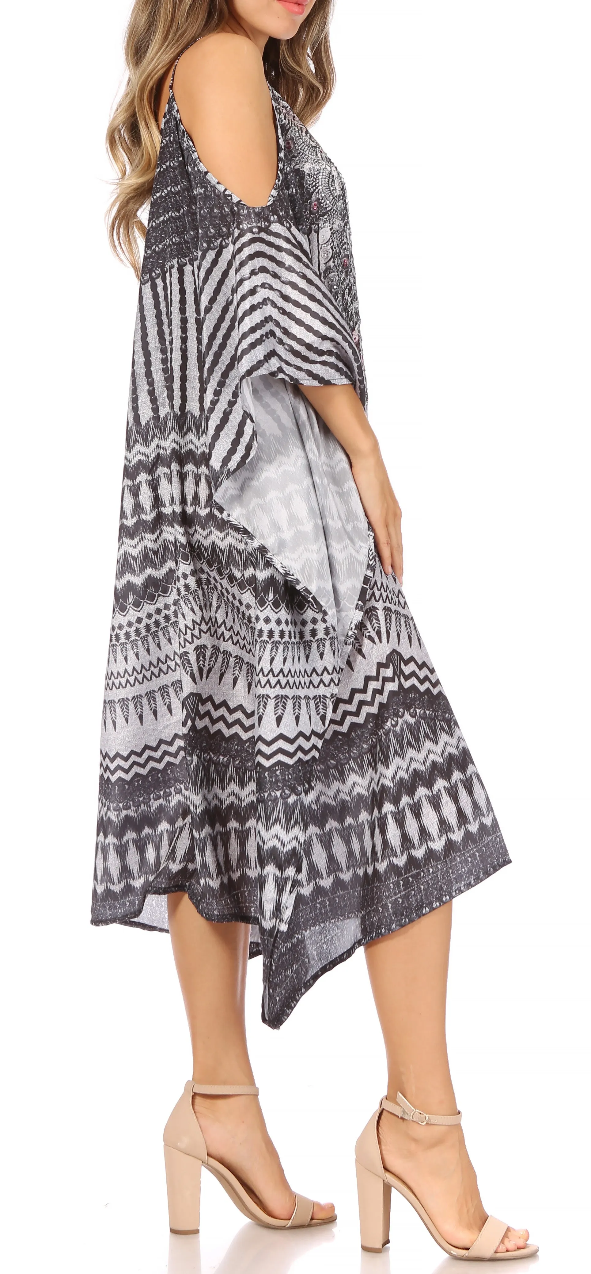 Sakkas Amaya Loose Fit Long Printed Strappy Cutout Shoulder Boat Neck Kaftan Dress