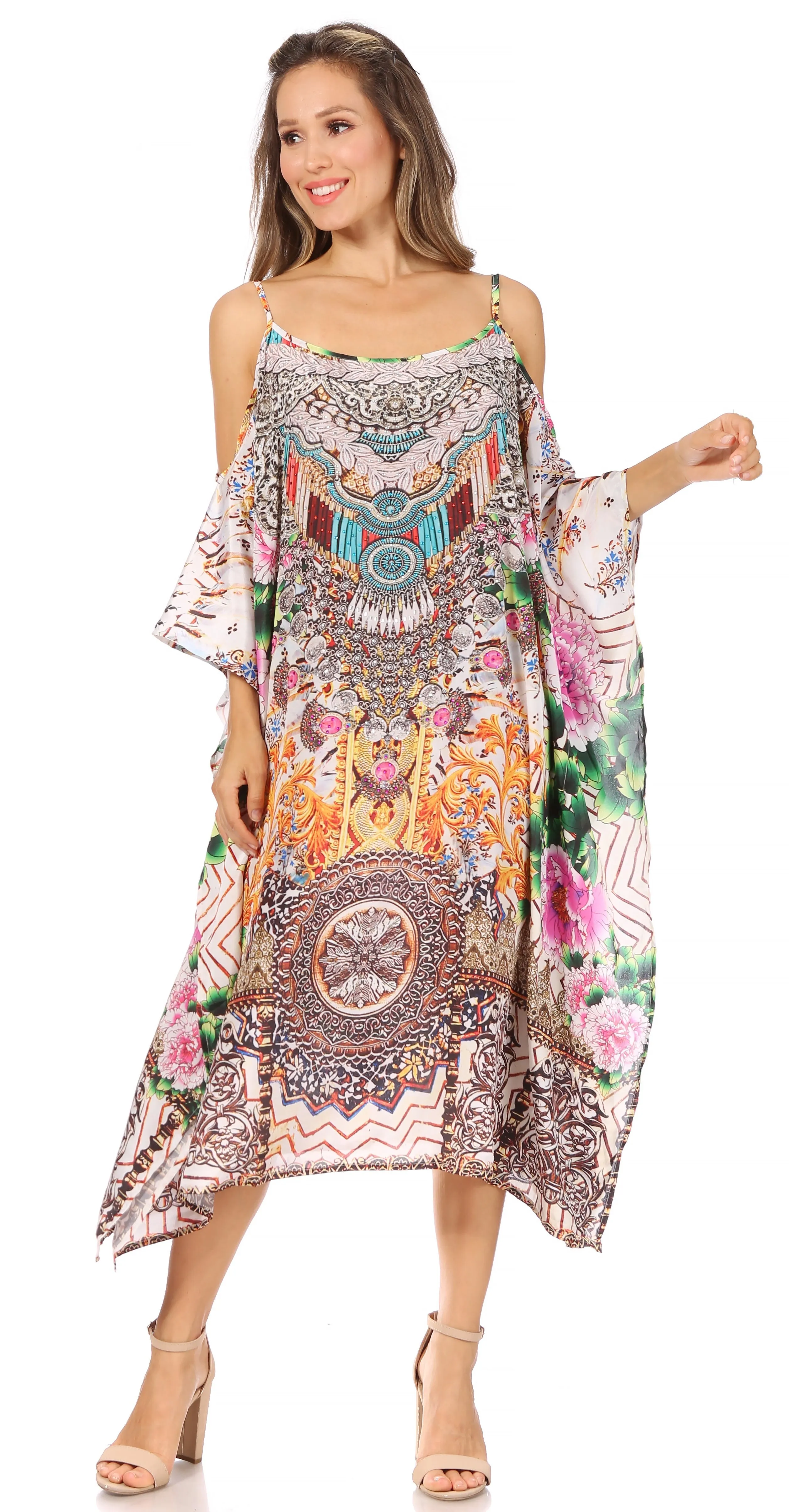 Sakkas Amaya Loose Fit Long Printed Strappy Cutout Shoulder Boat Neck Kaftan Dress