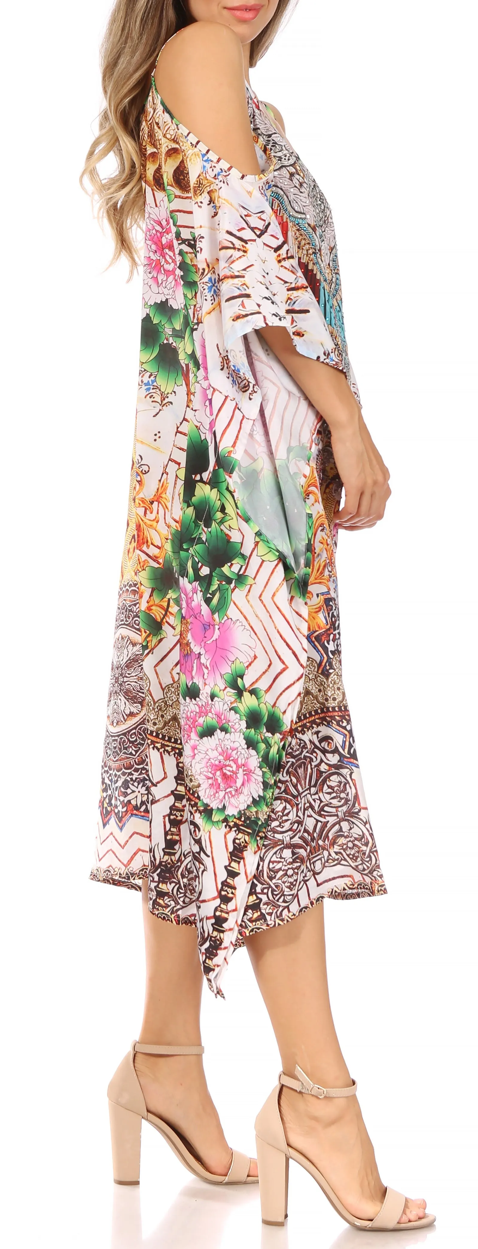 Sakkas Amaya Loose Fit Long Printed Strappy Cutout Shoulder Boat Neck Kaftan Dress