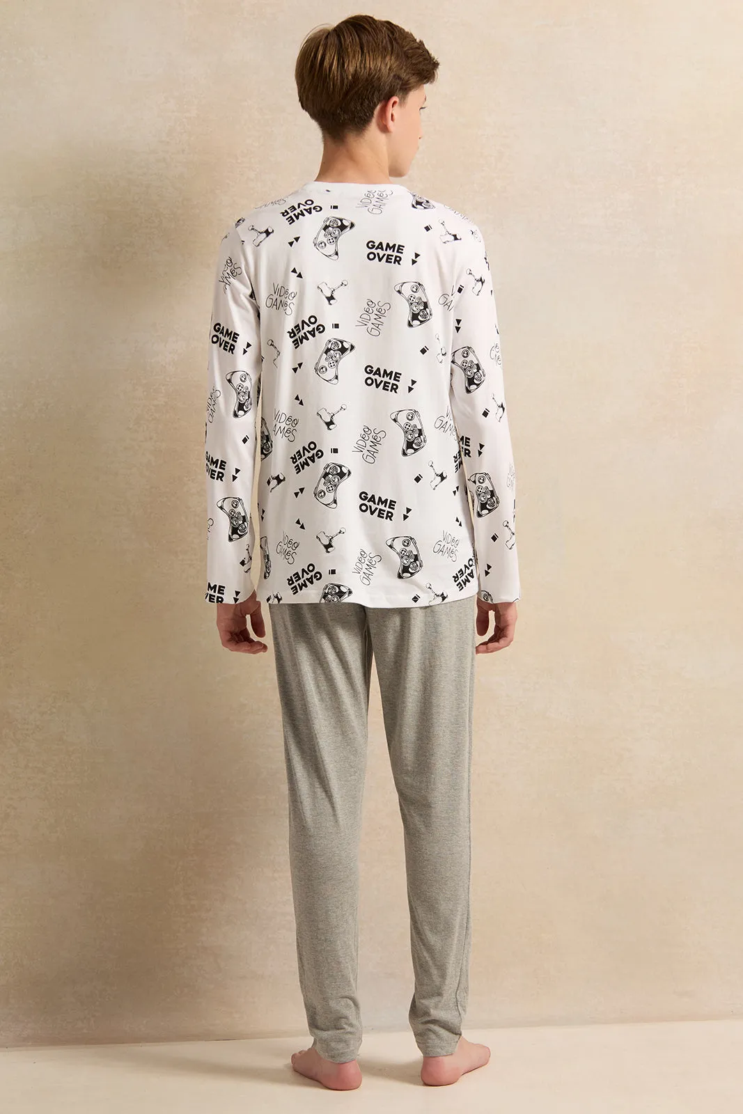 Senior Boys White And Grey Printed Pyjama set (2 Piece)