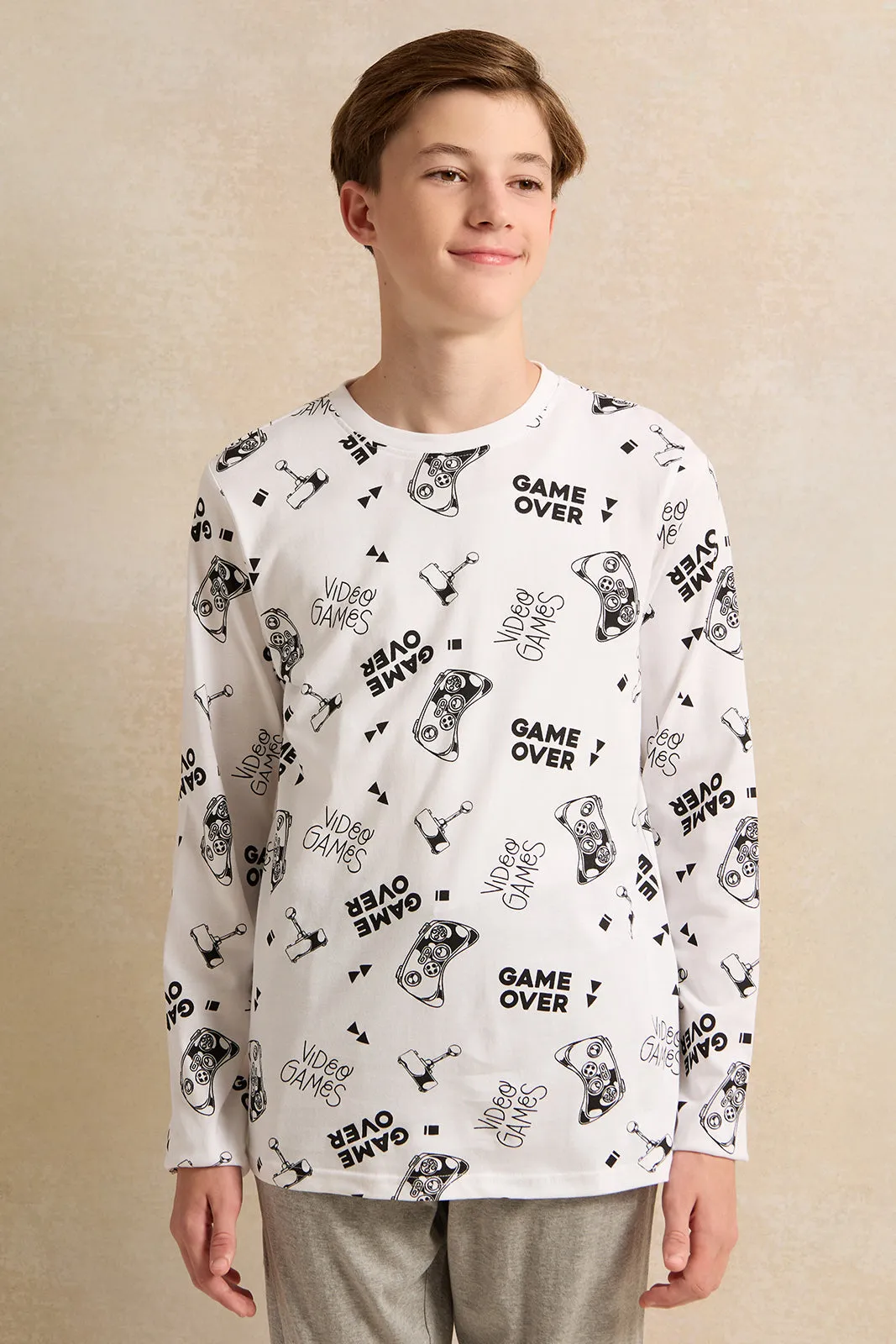 Senior Boys White And Grey Printed Pyjama set (2 Piece)